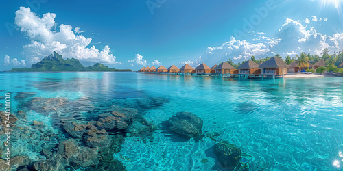 Luxury travel vacation Romantic honeymoon getaway in overwater bungalow villas of Tahiti resort, Bora Bora, French Polynesia. Landscape copy space panorama
