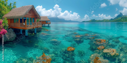 Romantic honeymoon getaway in overwater bungalow villas of Tahiti resort, Bora Bora, French Polynesia. Landscape copy space panorama