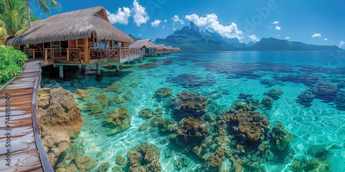 Luxury travel vacation destination, Romantic honeymoon getaway in overwater bungalow villas of Tahiti resort, Bora Bora, French Polynesia. Landscape copy space panorama © Fokke Baarssen