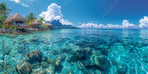 Luxury travel vacation destination panoramic banner. Romantic honeymoon getaway in overwater bungalow villas of Tahiti resort, Bora Bora, French Polynesia. Landscape copy space panorama