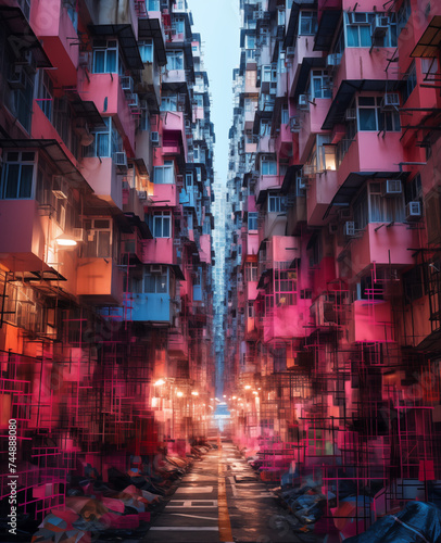 Abstrakte Darstellung von einem Stadtteil in Asien  bunte Wohngeb  ude  symmetrisches Chaos  Stra  e in Hong Kong