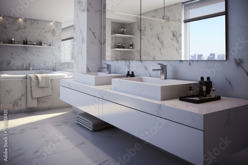 Sleek and Contemporary Bathroom Transformation Featuring High-End Marble Tiles  Stylish Double Vanity Sinks  and Expansive Shower Area for a Luxurious and Relaxing Experience