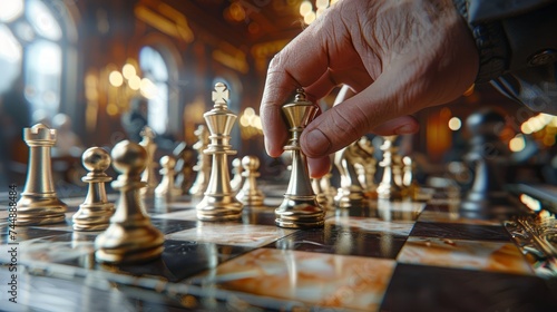 Businessman hand moving Chess King figure and Checkmate opponent during a chessboard competition. Strategy, Success, management, business planning, disruption and leadership concept photo