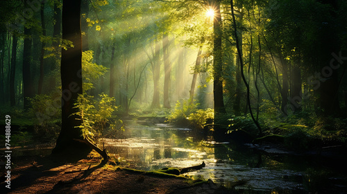 Beautiful rays of sunlight in a green forest with lake