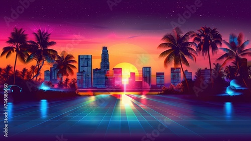 futuristic cityscape filled with towering skyscrapers, glowing neon lights, modern background, evening day time.