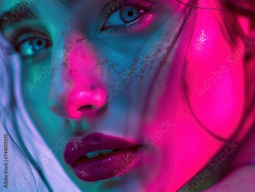 young woman fashion model with a sprinkling of freckles across her face  showcasing her unique complexion. neon light on face  purple blue colored.