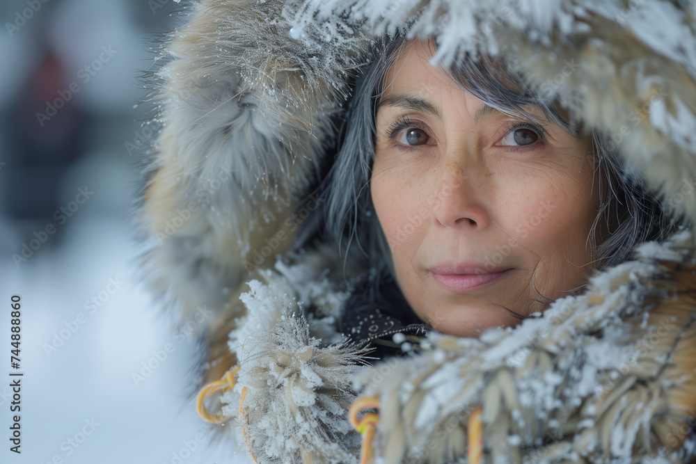 Close-up of the face of a mature white woman wearing a fur coat on a snowy day. Close-up of the face of a mature white woman wearing a fur coat on a snowy day.