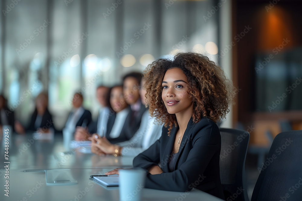 Confident Young Businesswoman in a Corporate Boardroom Meeting Confident Young Businesswoman in a Corporate Boardroom Meeting