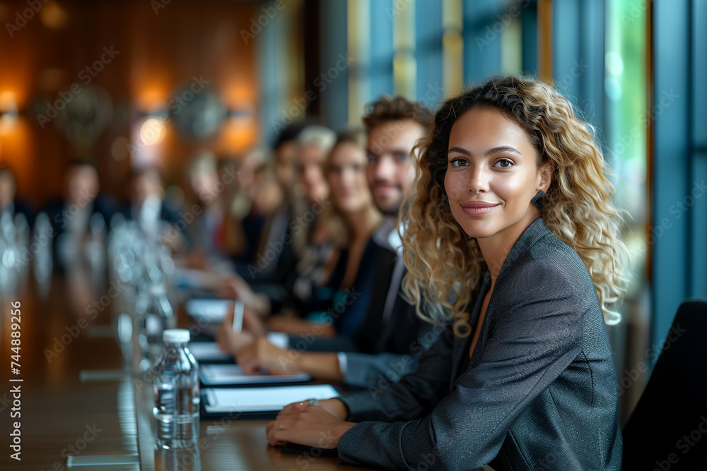 Confident Businesswoman at Conference with Diverse Colleagues in Boardroom Confident Businesswoman at Conference with Diverse Colleagues in Boardroom