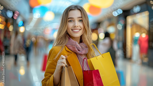 miling Young Woman with Shopping Bags Enjoying Retail Therapy in Mall