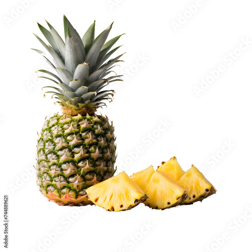 A pineapple next to pieces of pineapple isolated on transparent png background