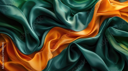 An abstract painting showcasing vibrant hues of green, orange, and yellow in a dynamic composition.