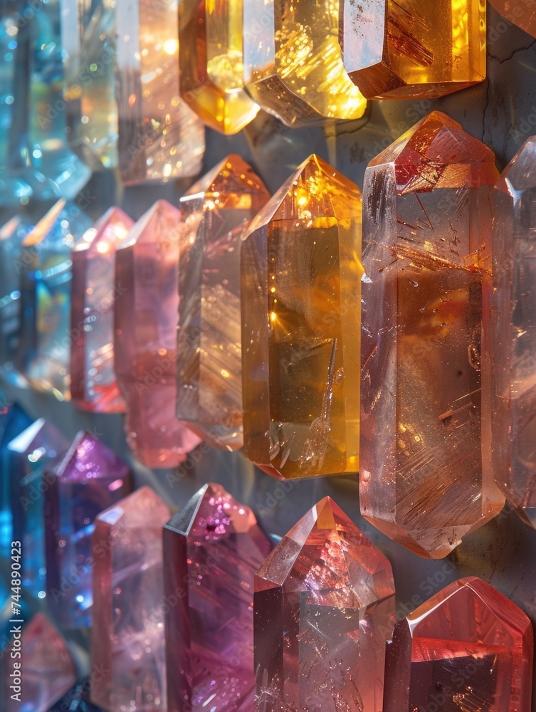 Various colored crystals hanging in an array on a wall, creating a vibrant and eye-catching display. Various colored crystals hanging in an array on a wall, creating a vibrant and eye-catching display.