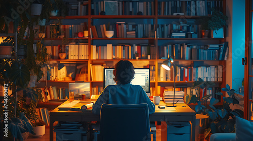Um escritório aconchegante com iluminação suave e estantes de livros cria uma atmosfera serena e focada