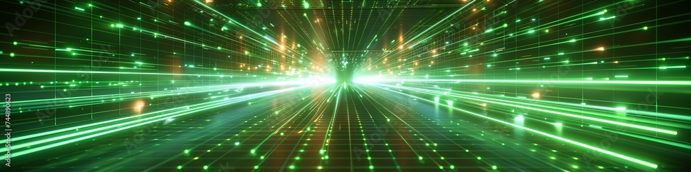 Futuristic Green Laser Grid Tunnel Speeding into Light