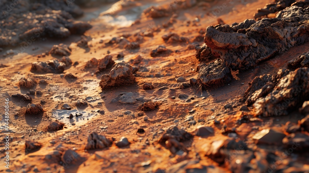 Mars-like terrain with rocks at sunset