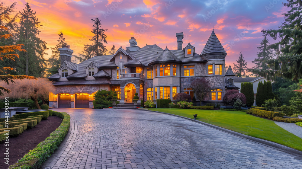 Exquisite Mansion Exterior Bathed in Sunset Glow, Featuring Towering Facade and Triple Garage
