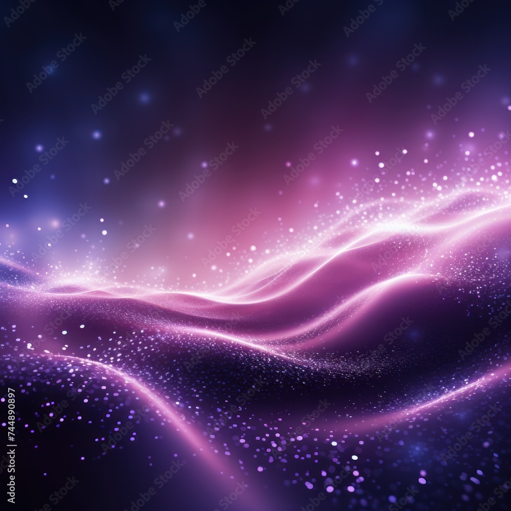 Digital mauve particles wave and light abstract background with shining dots