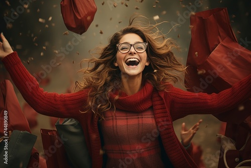Excited young woman celebrating successful shopping spree, showcasing trendy clothes and accessories, surrounded by colorful confetti in a festive and joyful atmosphere.