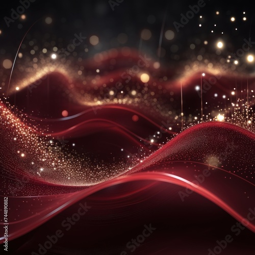 Digital maroon particles wave and light abstract background with shining dots
