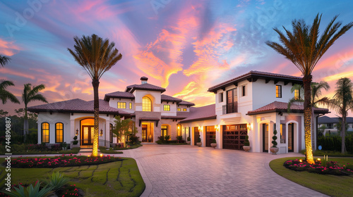Sunset Elegance: Grand Estate with Towering Façade, Triple Garages, and Twilight Sky
 photo