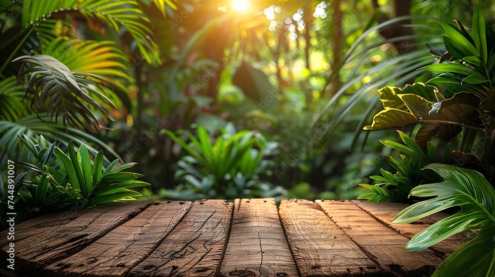 Generative AI : empty top table old wood podium texture in tropical outdoor garden green plant blurred background Generative AI : empty top table old wood podium texture in tropical outdoor garden green plant blurred background