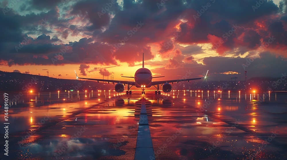 Generative AI : passenger plane fly up over take-off runway from airport at sunset - obrazy, fototapety, plakaty 