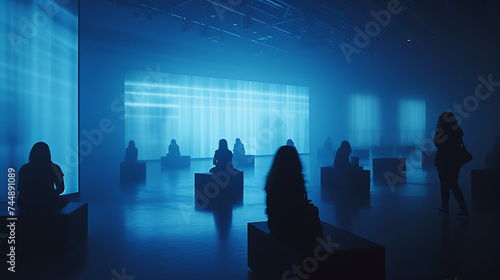 Emoções Complexas e Conexões Virtuais em uma Sala Iluminada por Telas Digitais © Alexandre