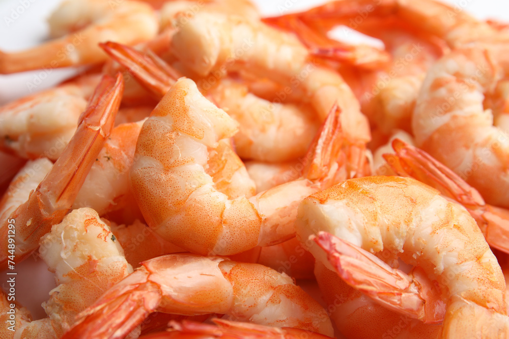 Pile of delicious peeled shrimps as background, closeup Pile of delicious peeled shrimps as background, closeup