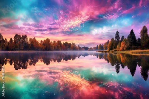 Tranquil evening lake scene, mirroring sky, vibrant sunset colors, reflecting on the water surface in vivid detail, creating a mesmerizing scene of peace and serenity