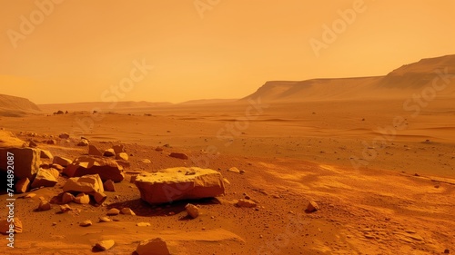 Panoramic view of a Martian landscape with orange hues photo