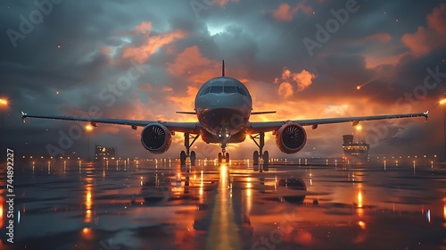 Generative AI : passenger plane fly up over take-off runway from airport at sunset photo