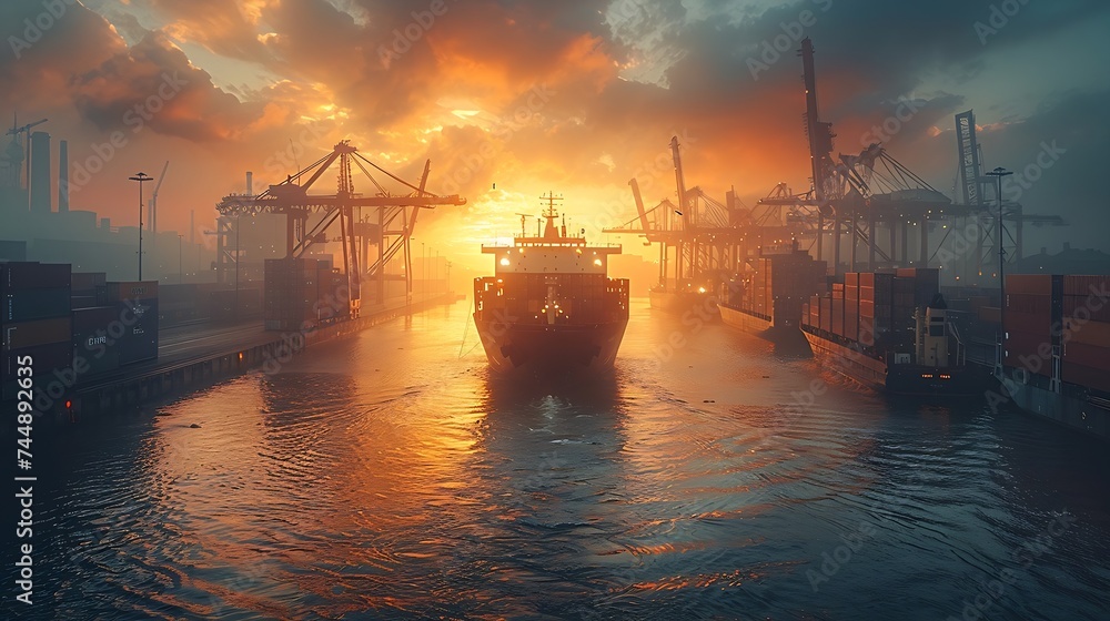 Generative AI : massive container ship is docked at an industrial port, surrounded by towering cranes and stacks of shipping containers - obrazy, fototapety, plakaty 