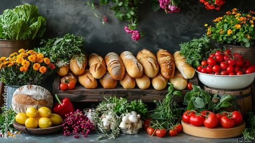 Generative AI : Background with bread, rolls, vegetables and herbs