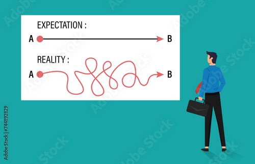 Expectation vs reality concept, way from point A to B, smooth route vs reality hard and rough, business metaphor