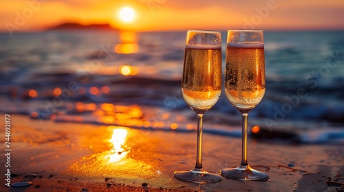 Generative AI : Couple in love drinking champagne wine on romantic dinner at sunset on the beach