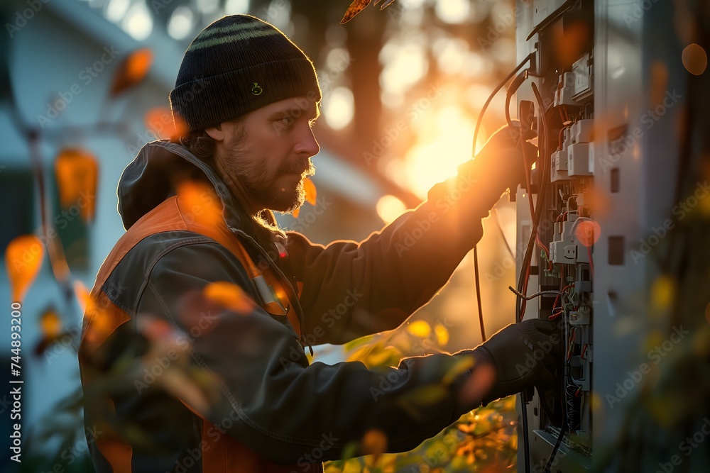 Naklejka premium Elektriker arbeitet an einem Schaltkasten, Mann in Kleidung eines Handwerkers