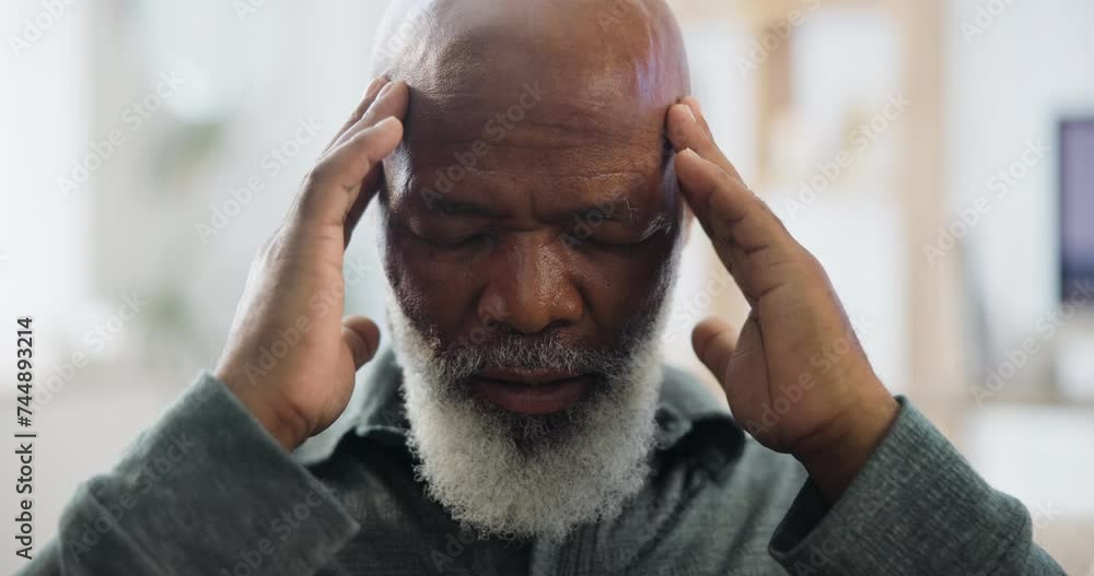 Stress, headache and senior man in a house with vertigo, pain or burnout crisis. Anxiety, tension or elderly African male with temple massage brain fog relief, migraine or overwhelmed by overthinking