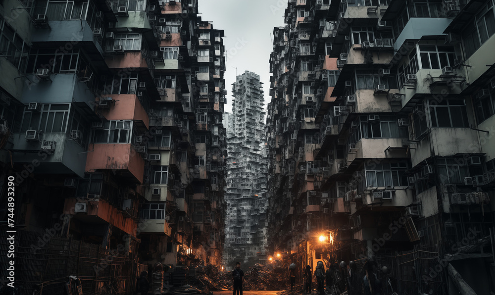 Wohngebiet in einer asiatischen Großstadt, heruntergekommene Gebäude, Gebäude mit Charakter in Hong Kong