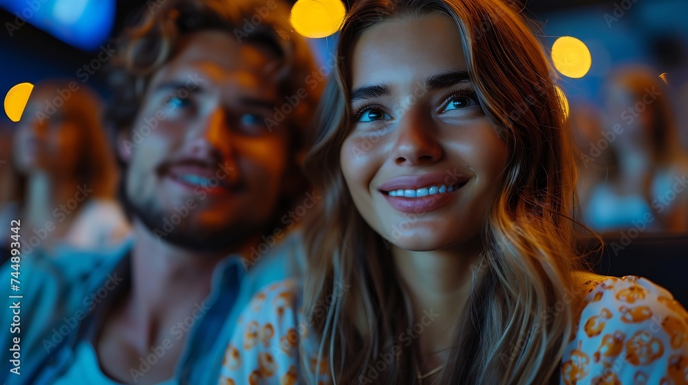 Generative AI : Date at night at the movies Portrait of happy young couple sitting in cinema auditorium eating popcorn Generative AI : Date at night at the movies Portrait of happy young couple sitting in cinema auditorium eating popcorn
