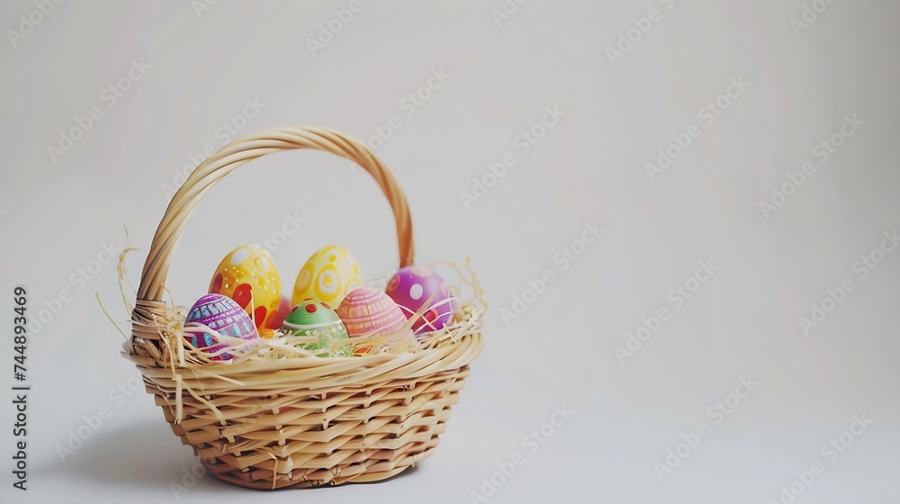 Generative AI : Basket with easter eggs on white background Generative AI : Basket with easter eggs on white background