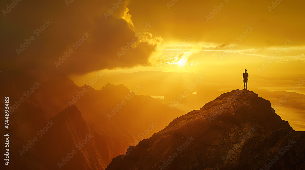 Silhueta triunfante Conquistando desafios na montanha ao pôr do sol enfrentando adversidades com determinação e realização