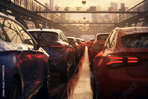 Autos stehen im Stau, Mehrspurige Straße ist überfüllt mit Autos © GreenOptix