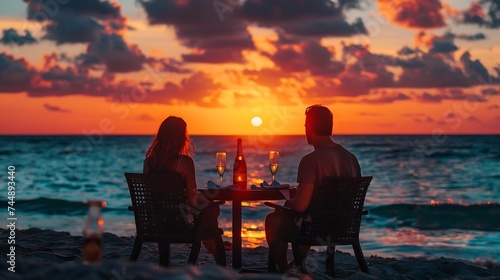 Generative AI : Couple in love drinking champagne wine on romantic dinner at sunset on the beach