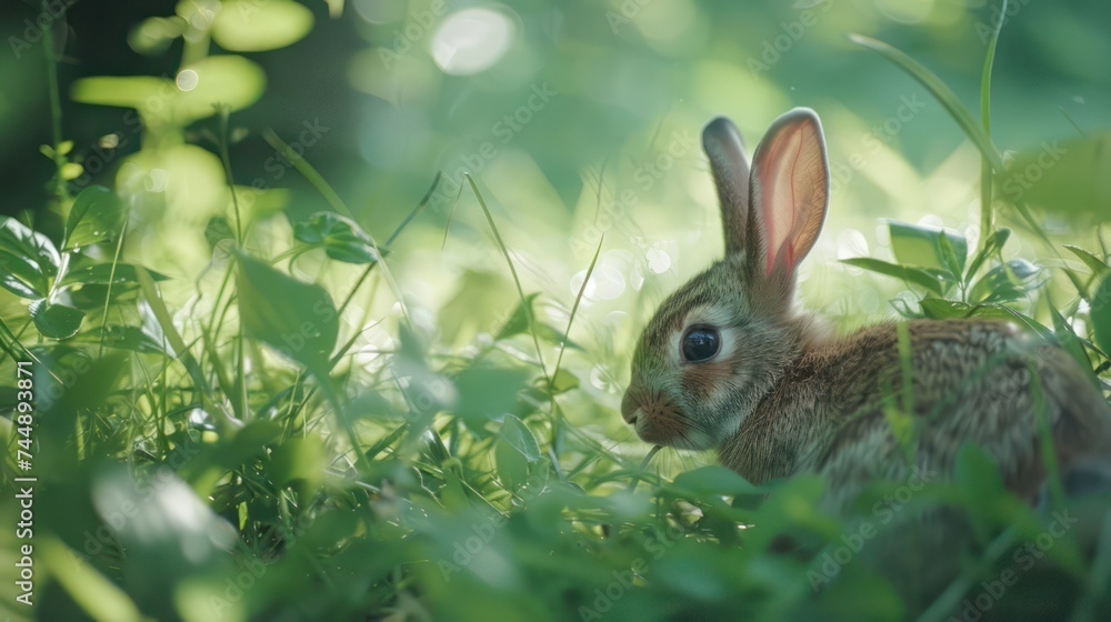 Rabbit in the green grass, selective focus, shallow DOF