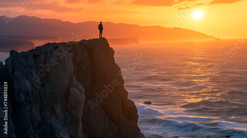 Determinação à Beira Mar uma figura solitária enfrentando a tempestade à espera da luz dourada da esperança