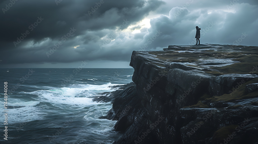 Determinação à Beira Mar uma figura solitária enfrentando a tempestade à espera da luz dourada da esperança - obrazy, fototapety, plakaty 