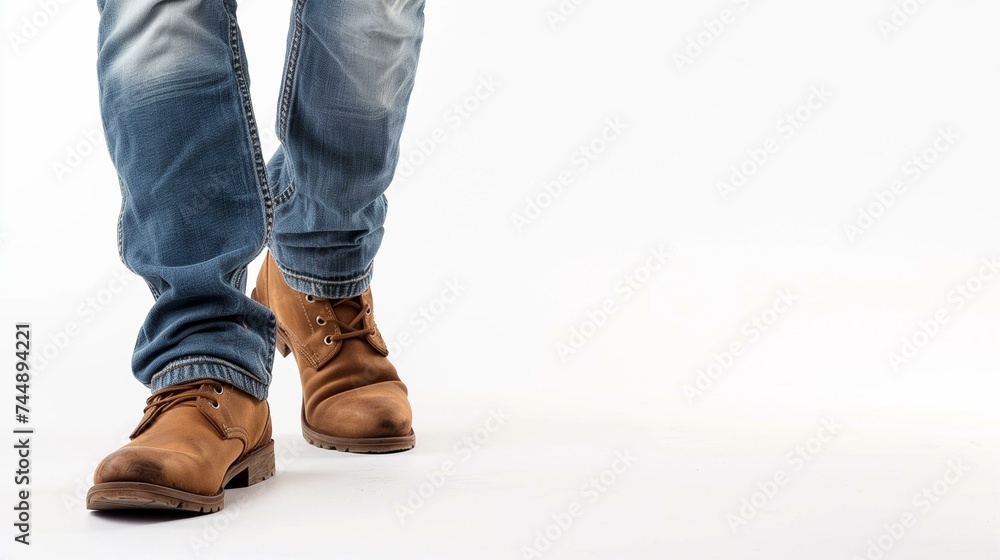 Casual Brown Leather Boots with Blue Jeans on White Background