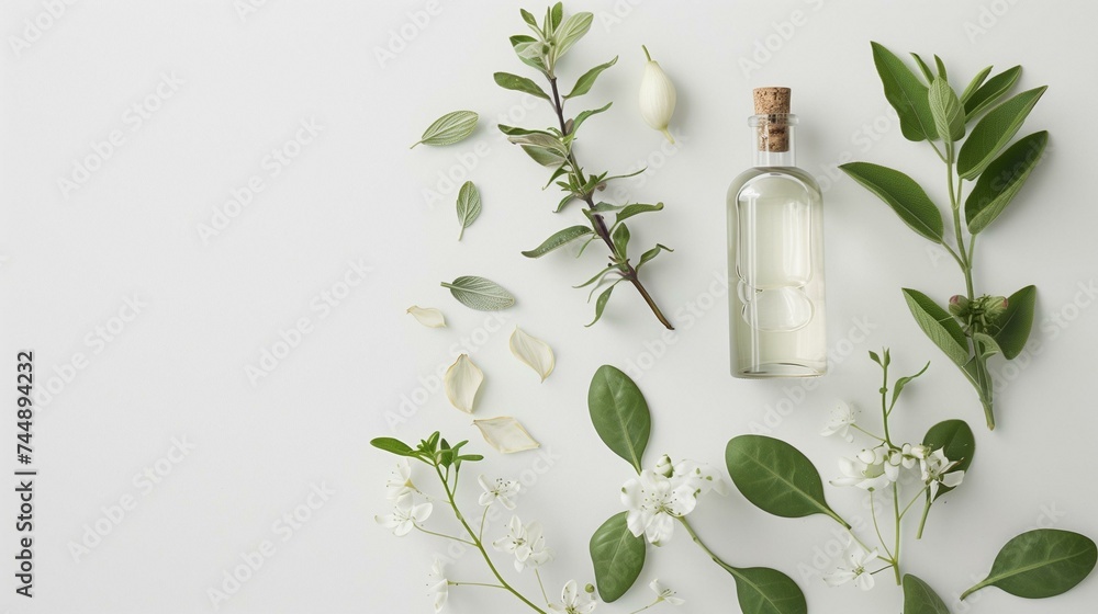 Elegant Aroma Therapy Oil Bottle with Fresh White Flowers and Green Leaves on White Background Elegant Aroma Therapy Oil Bottle with Fresh White Flowers and Green Leaves on White Background