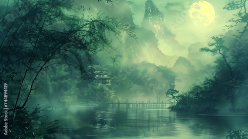 Enchanting Full Moon Night Over Mystical Asian Landscape with Traditional Pagoda
